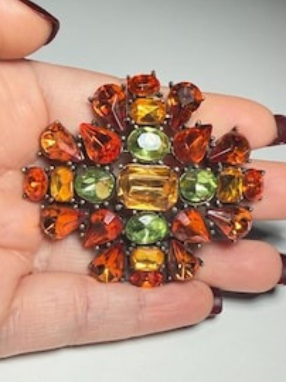 Vintage Autumn Rhinestone Brooch Amber Orange Green Domed Cluster Statement Pin